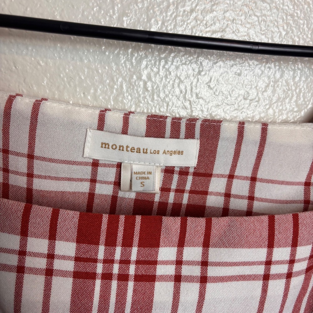 New Monteau Los Angeles S Red Plaid Babydoll Mini Dress Puff Sleeve Cottagecore - Picture 3 of 12